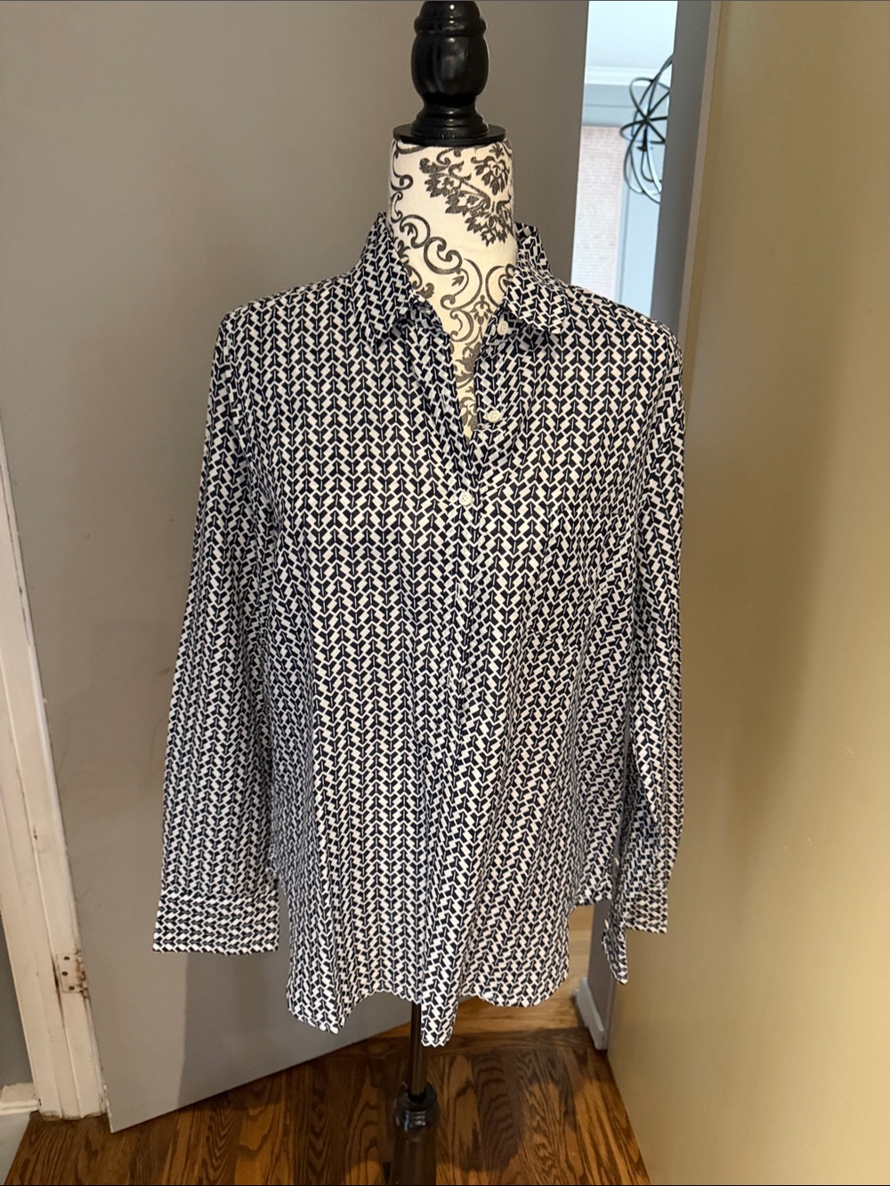 J. Crew Navy and White Arrow-Print Button Front Shirt